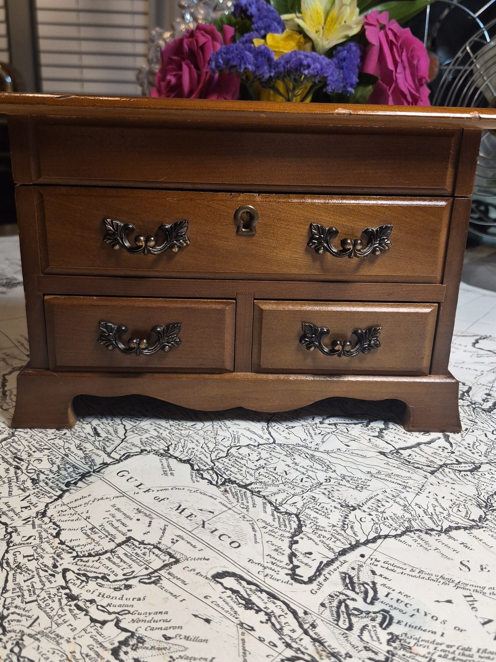 Vintage Wood Finish Jewelry Box with Ornate Metal Handles - Brown